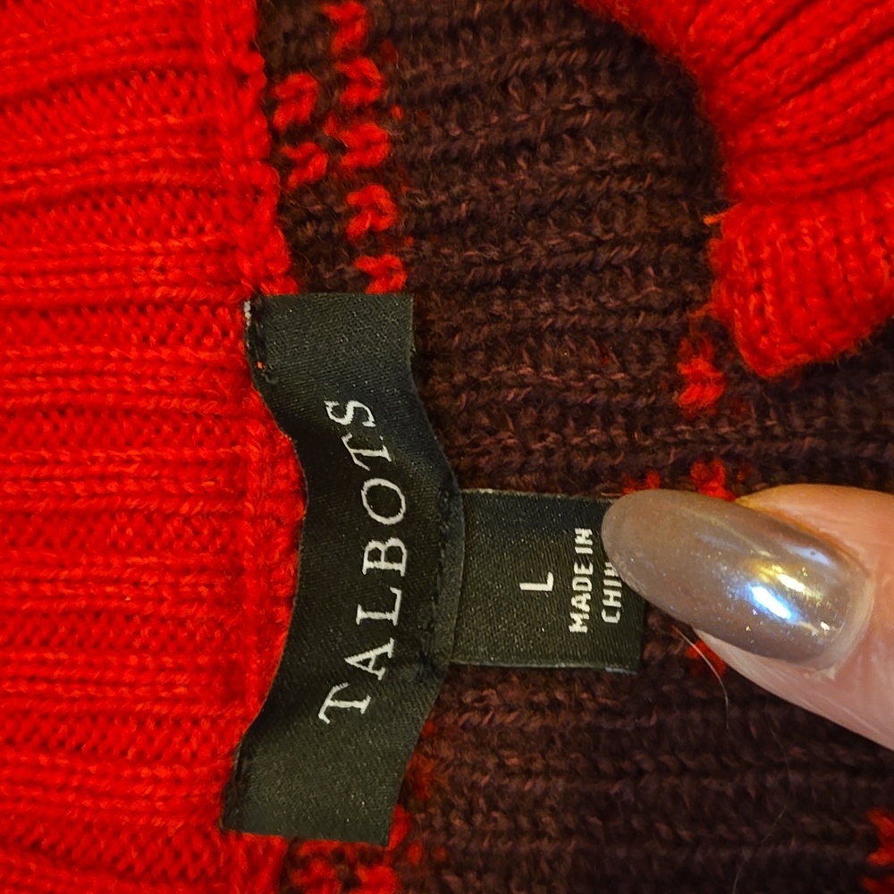 Talbot's Full Zipper Festive Red Nordic Deer Fair Isle Knit Cardigan Sweater - Picture 5 of 9